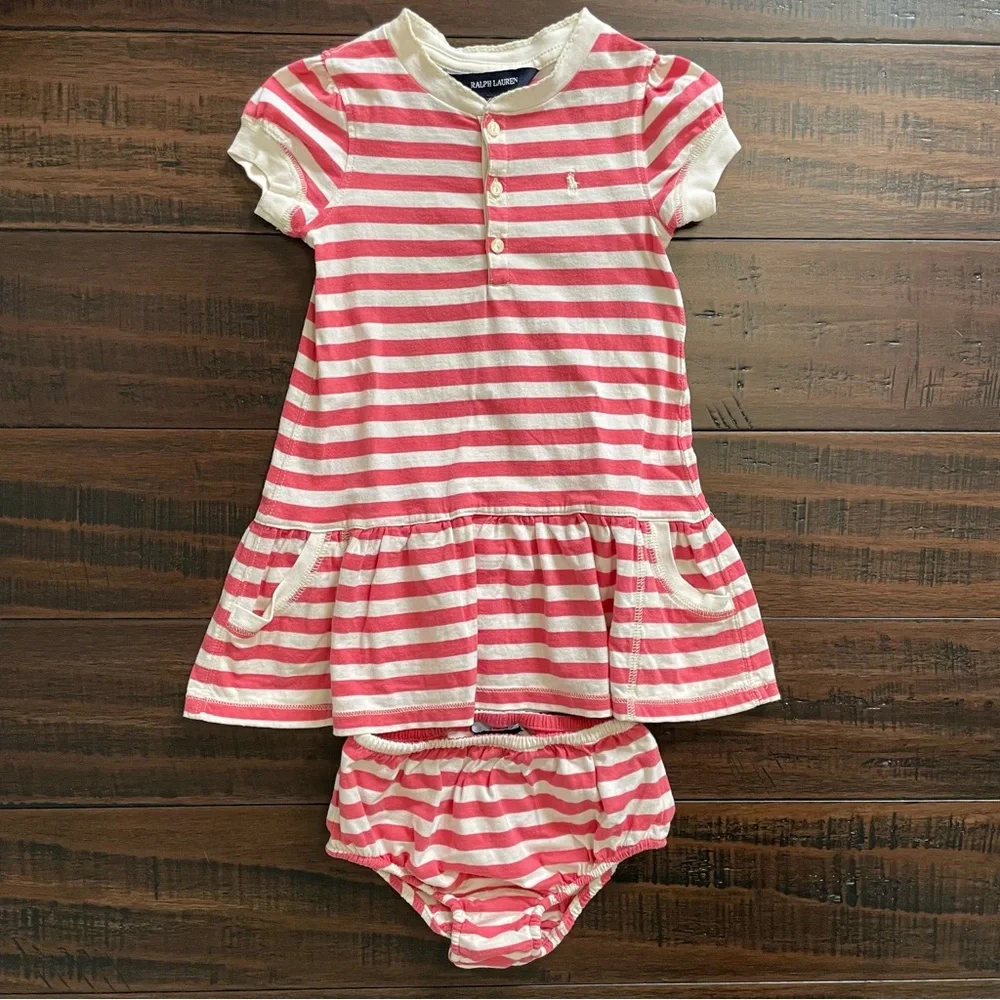 Ralph Lauren Pink Stripe Dress and Bloomers Set Size 18 mos.